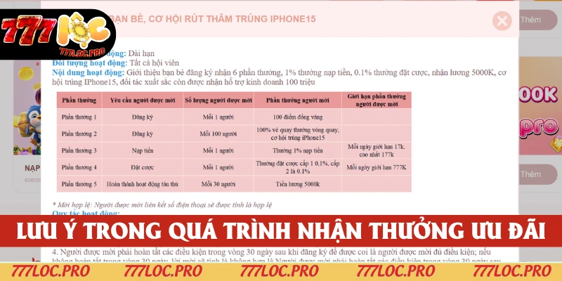 Tuân thủ lưu ý để được nhận thưởng thành công