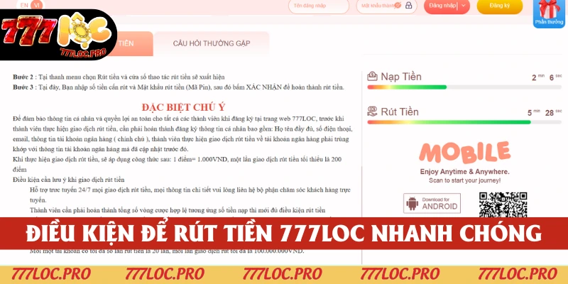 Đáp ứng các yêu cầu trước khi rút tiền 777LOC